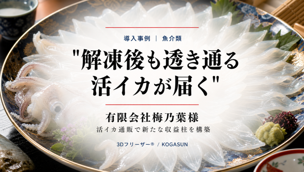 大皿に花のように盛られた透き通るイカの姿造りを背景に、「解凍後も透き通る活イカが届く」の題字と有限会社梅乃葉様の導入事例を示した画像