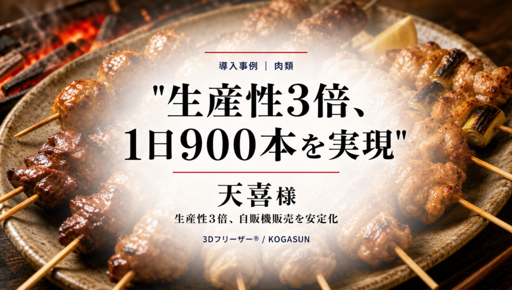 炭火と焼鳥の大皿を背景に、「生産性3倍、1日900本を実現」の題字と天喜様の導入事例を示した画像