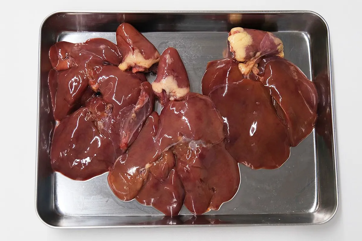 ステンレスバットに広げた濃い赤褐色の鶏レバー。表面に強い光沢があり、一部に淡黄色の脂肪が付いている