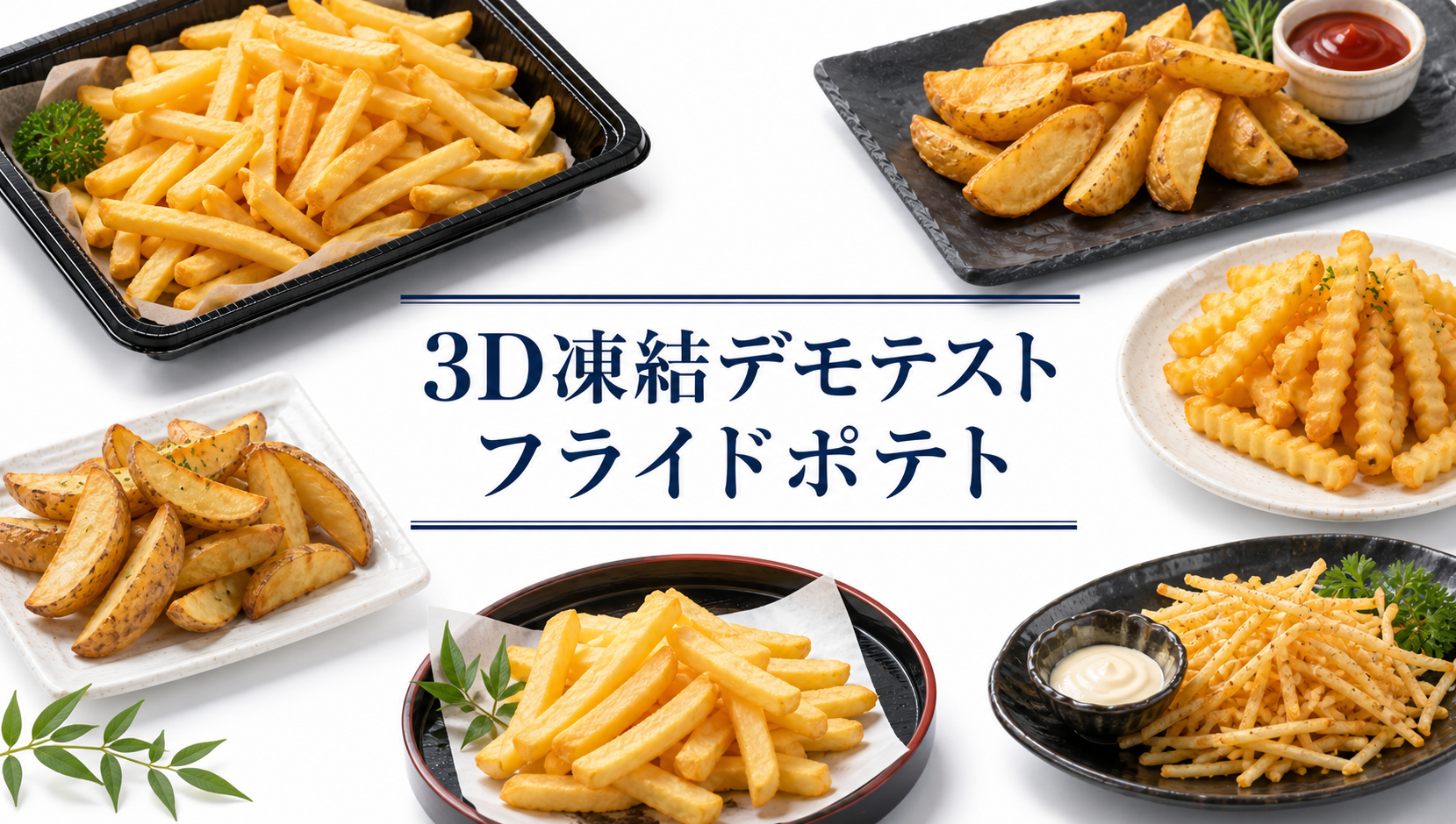 ストレート・ウェッジ・波形・細切りなどさまざまな形のフライドポテトを皿ごとに盛り、ケチャップやマヨネーズを添え、中央に3D凍結デモテストの題字を置いたアイキャッチ画像