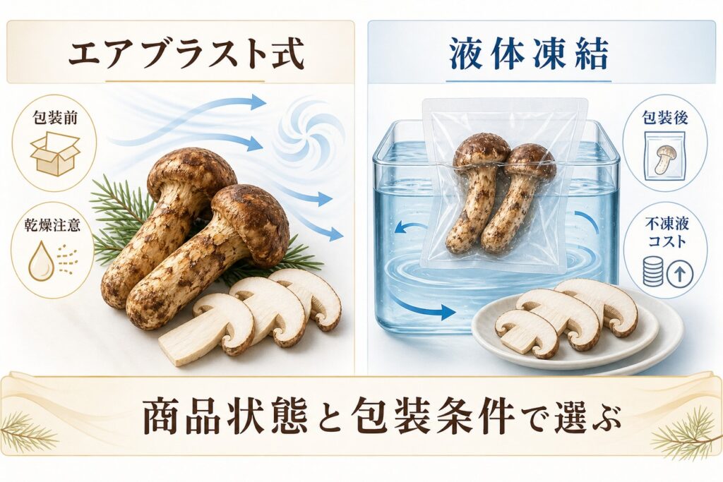 松茸の姿とスライスで比べるエアブラスト式と液体凍結の特性