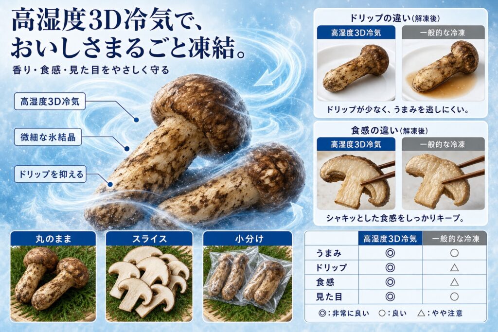 高湿度3D冷気で松茸(姿・スライス)を均一に凍結する仕組み