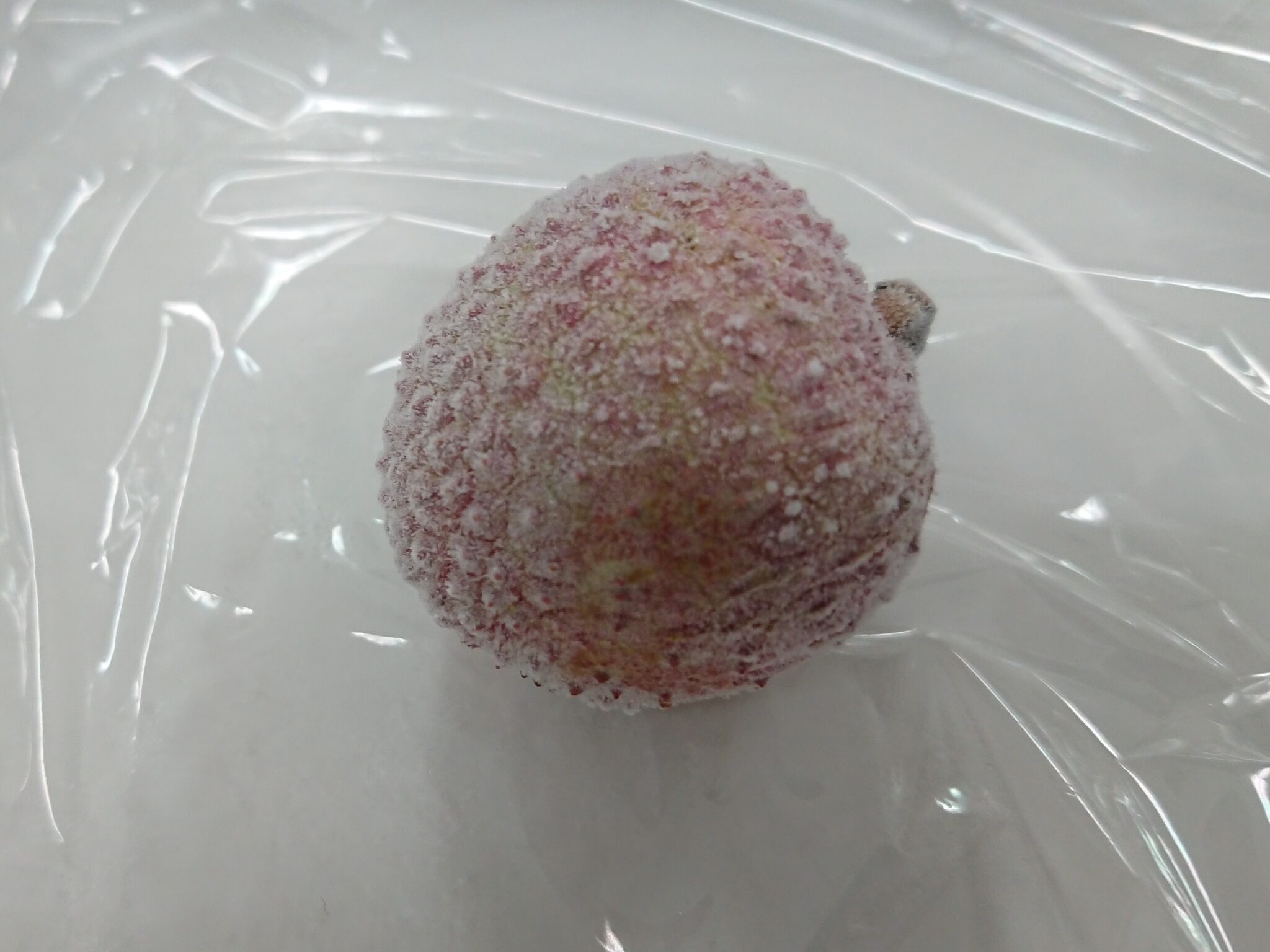 急速凍結した直後の生ライチ|表面に白い霜がうっすら付き、赤みのある果皮が透けて見える様子