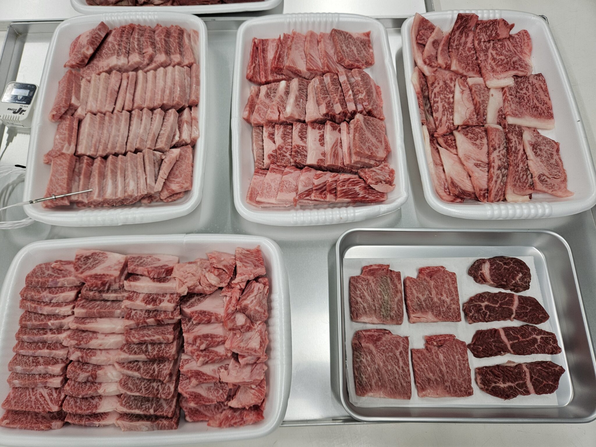 白いトレー5枚に部位別に並べた焼き肉用の牛肉と、左端の温度センサー