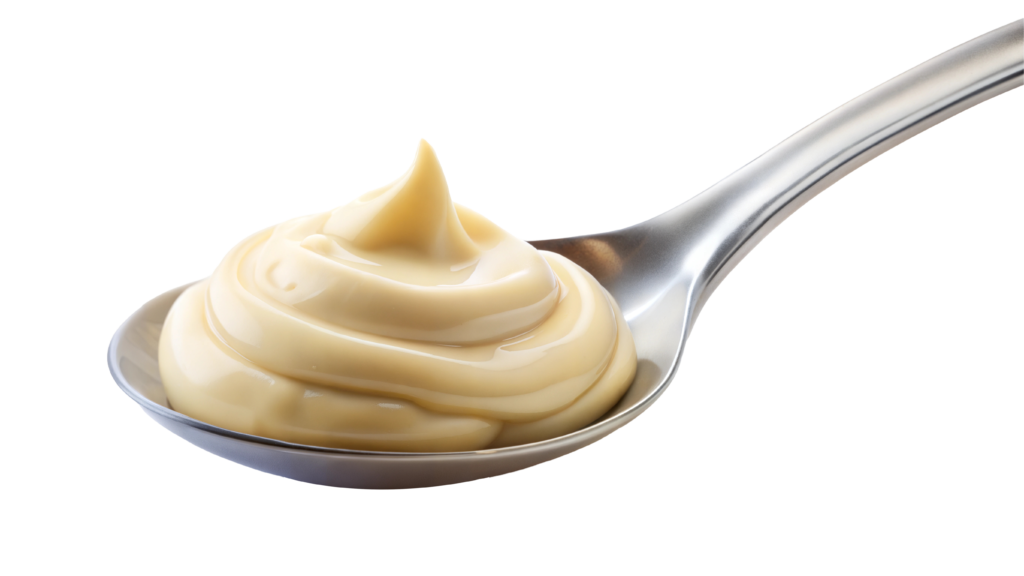 スプーンに盛られたマヨネーズのクローズアップ|クリーミーでなめらかな質感
