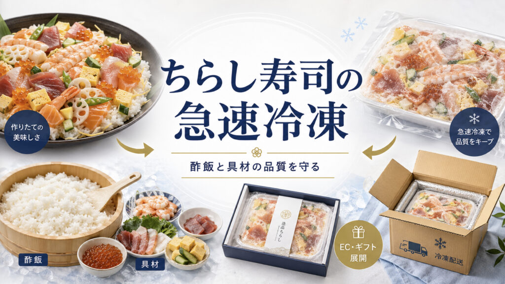 ちらし寿司を急速冷却・急速冷凍して冷凍ギフトやEC商品へ展開するイメージ
