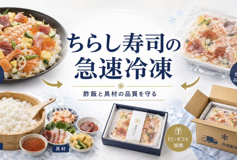 ちらし寿司を急速冷却・急速冷凍して冷凍ギフトやEC商品へ展開するイメージ