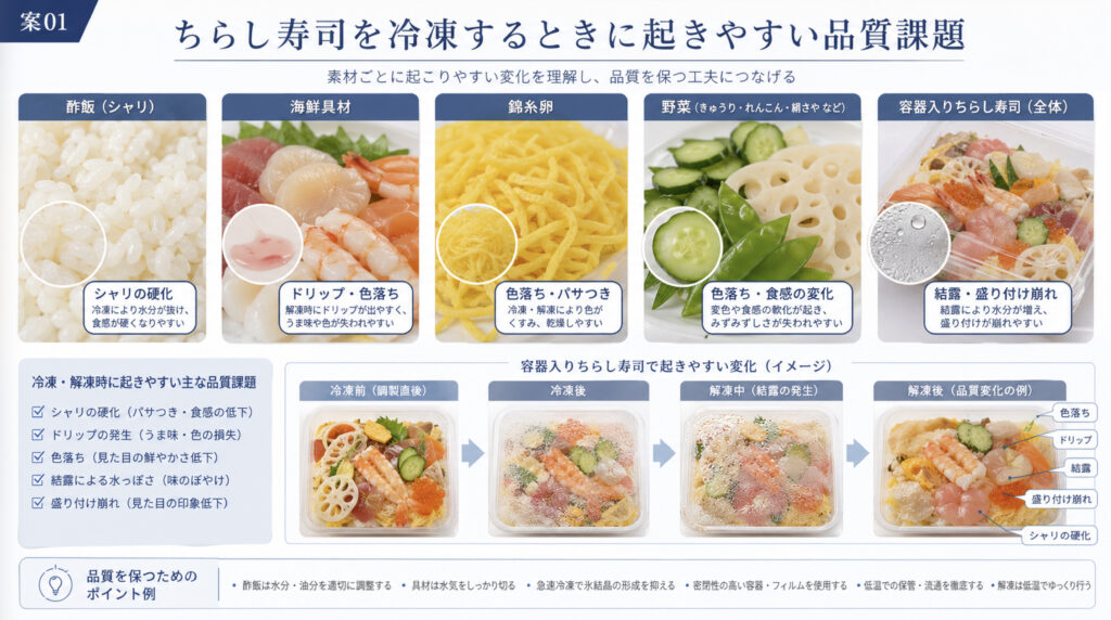 ちらし寿司の酢飯と魚介や卵や野菜を分けて急速冷凍する判断イメージ