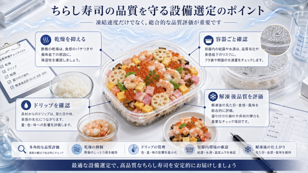 3Dフリーザーでちらし寿司の酢飯の乾燥や具材のドリップや盛り付け崩れを確認するイメージ