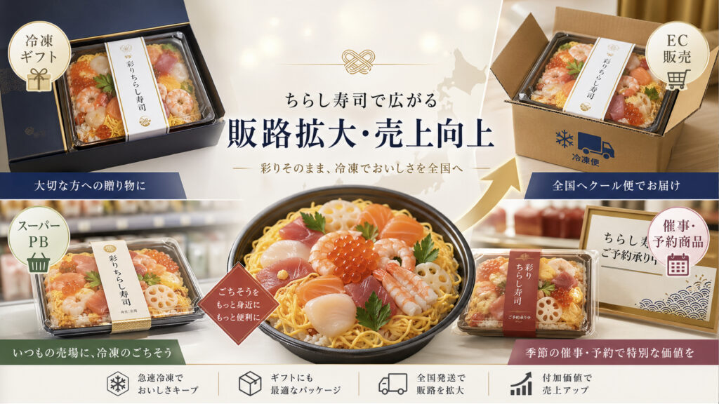 冷凍ちらし寿司をEC、ギフト、スーパーPB、催事商品へ展開するイメージ