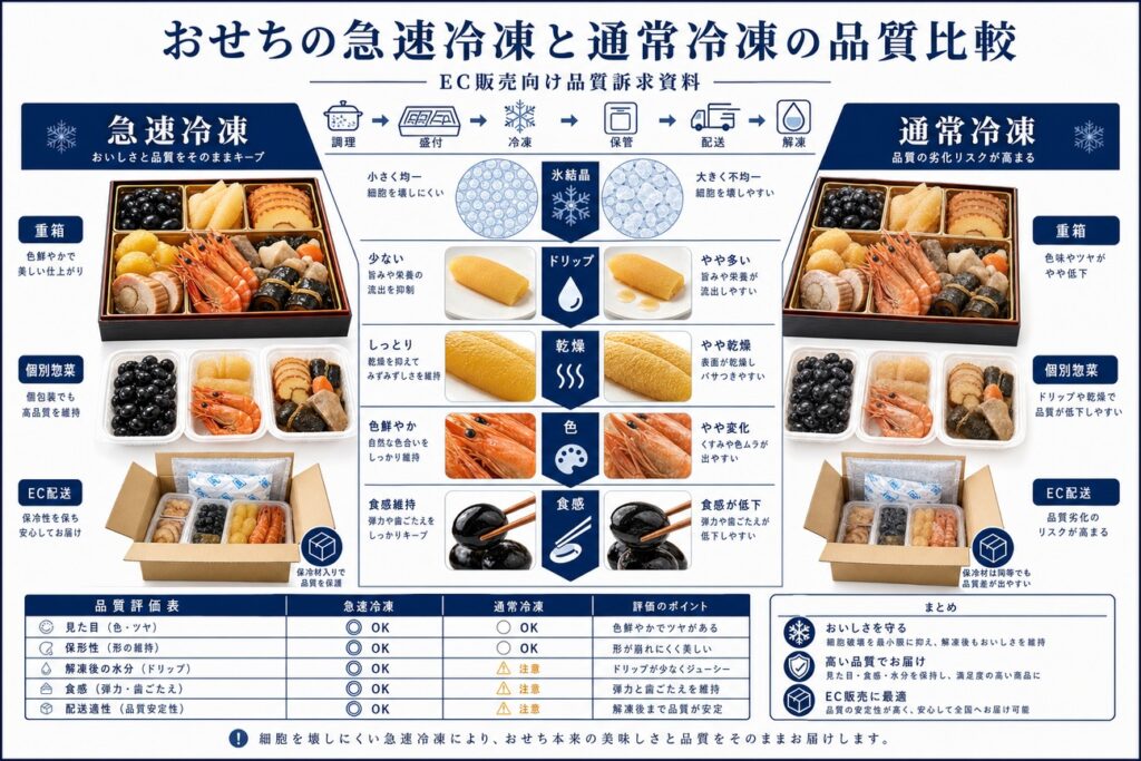 急速冷凍と通常冷凍によるおせち料理(重箱・個別惣菜・EC配送)の品質差