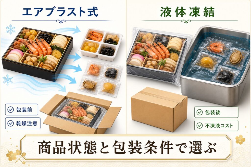 エアブラスト式と液体凍結でおせち料理(重箱・個別惣菜・EC配送)を凍結・包装する条件の違い