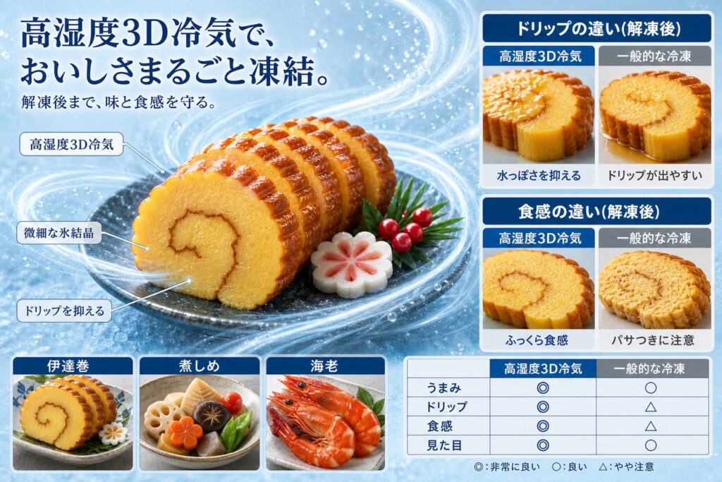 高湿度3D冷気でおせち料理(重箱・個別惣菜・EC配送)を均一に凍結する仕組み