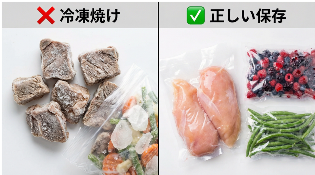 冷凍焼けした食材と正しく冷凍保存された食材の比較画像