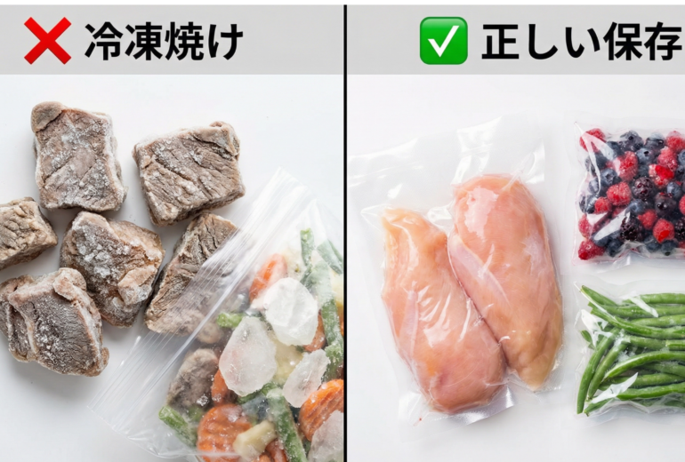 冷凍焼けした食材と正しく冷凍保存された食材の比較画像