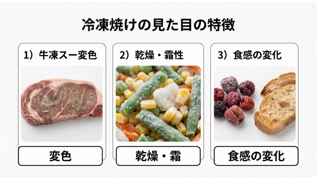 冷凍焼けの見た目の特徴:変色、乾燥、霜
