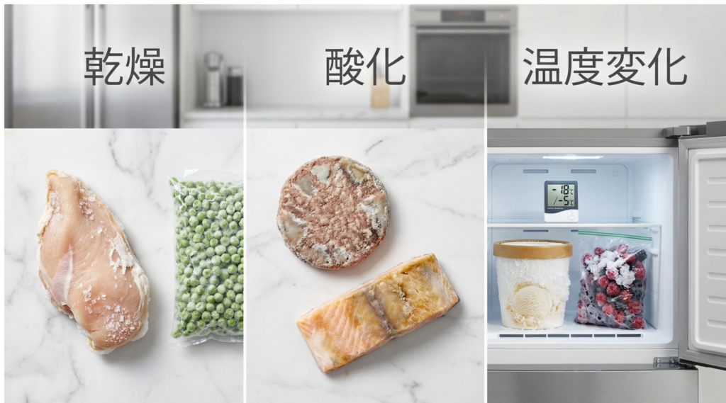 冷凍焼けが起こる3つの原因:乾燥、酸化、温度変化