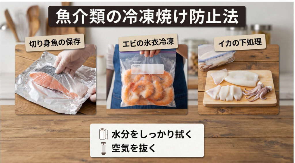 魚介類の冷凍焼け防止法:切り身魚、エビ、イカの保存方法 魚介類の冷凍焼け防止法:切り身魚、エビ、イカの保存方法