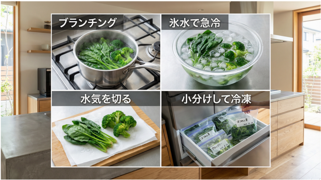 野菜の冷凍保存のコツ:ブランチング処理で冷凍焼けを防ぐ方法