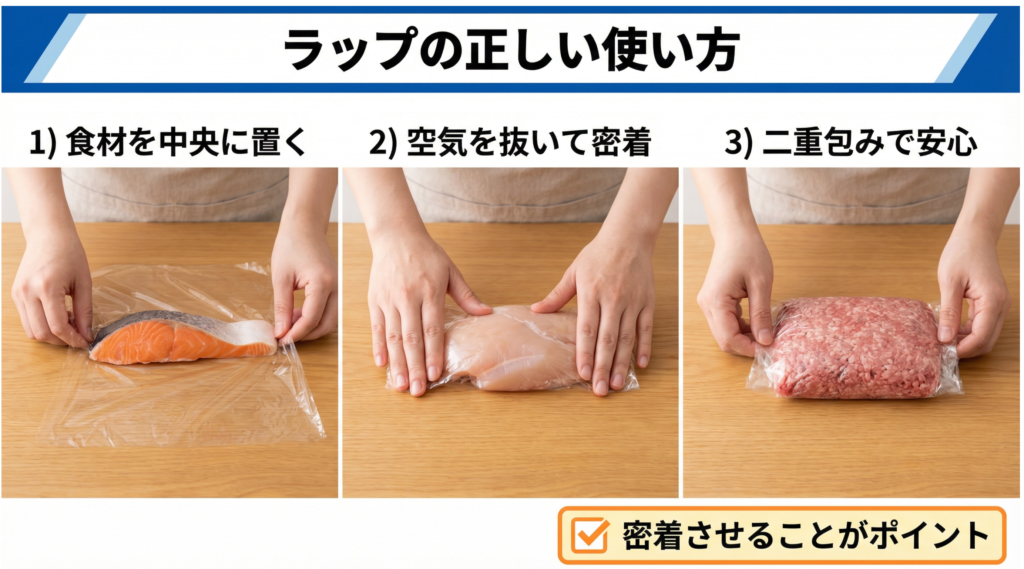冷凍焼けを防ぐラップの正しい使い方:空気を抜いて密着させ二重包みする