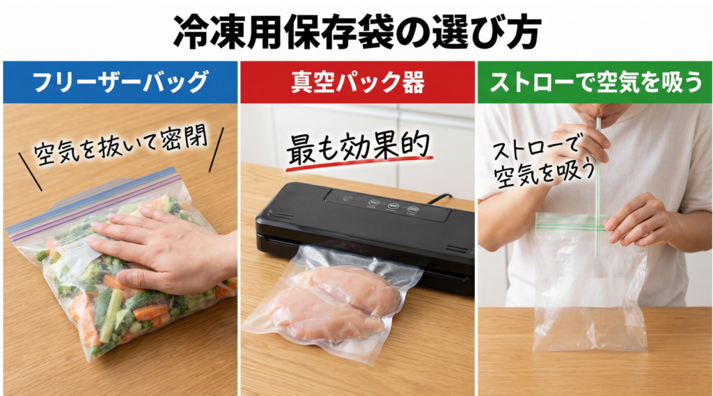 冷凍用保存袋の選び方：フリーザーバッグ、真空パック器、ストローを使った方法の比較