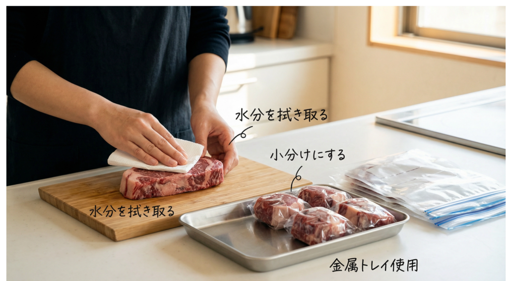 家庭で肉を急速冷凍するための下準備。キッチンペーパーで水分を拭き取り、小分けにして金属トレイに並べている。