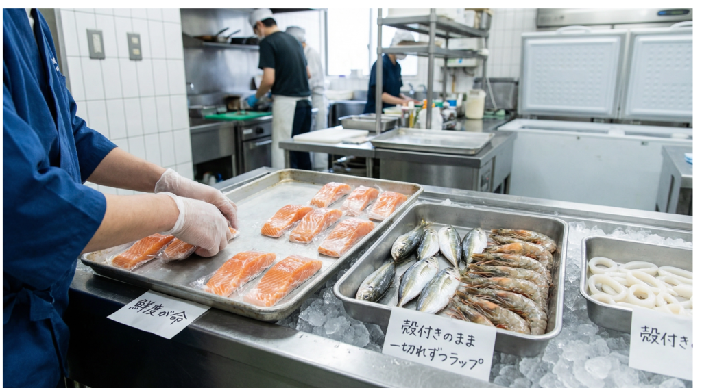 新鮮な魚介類を急速冷凍する準備。鮭の切り身、アジ、エビ、イカが金属トレイに並べられている。