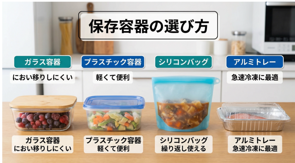 冷凍保存容器の選び方:ガラス、プラスチック、シリコン、アルミトレーの比較
