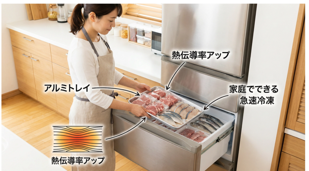 家庭の冷凍庫でアルミトレイを使い、熱伝導率を高めて急速冷凍を実践している様子。