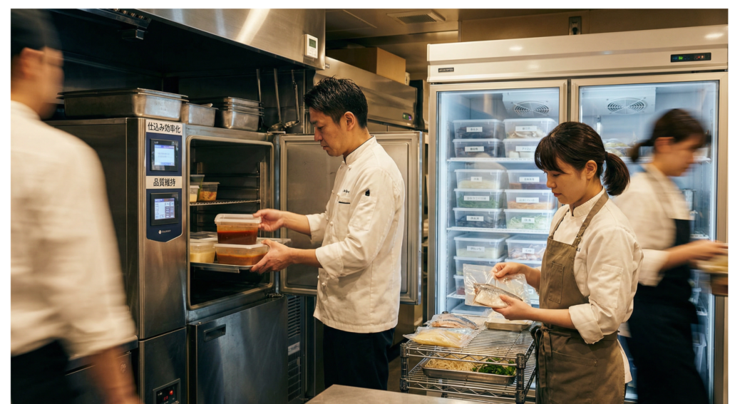 レストランの厨房で、シェフたちが急速冷凍機を活用して仕込み作業を効率化している様子。