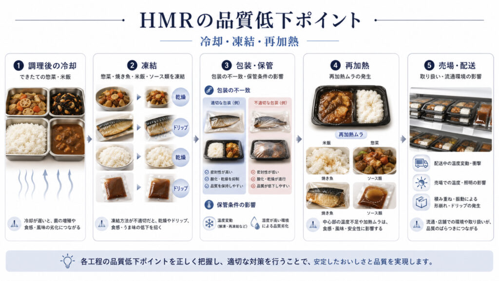 中食・HMRの冷凍で品質が落ちる原因を工程別に示した図解