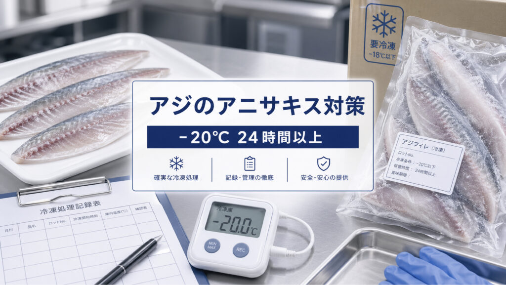 アジのアニサキス対策で冷凍温度と時間を確認する業務用資料イメージ