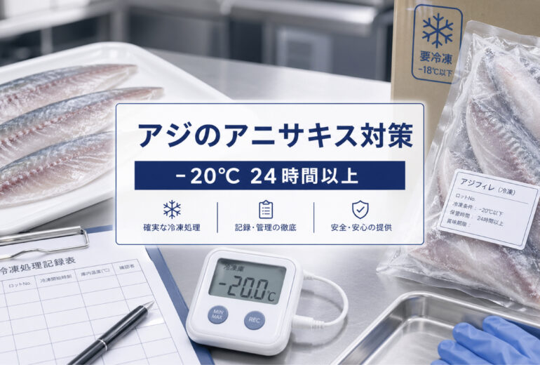 アジのアニサキス対策で冷凍温度と時間を確認する業務用資料イメージ