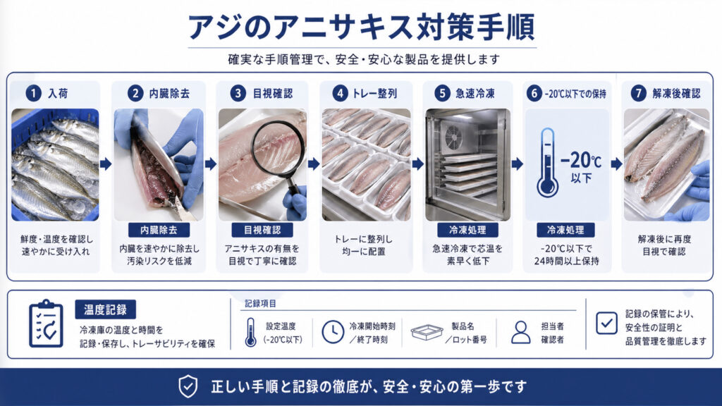 アジの入荷、内臓除去、目視確認、急速冷凍、保管までの手順図