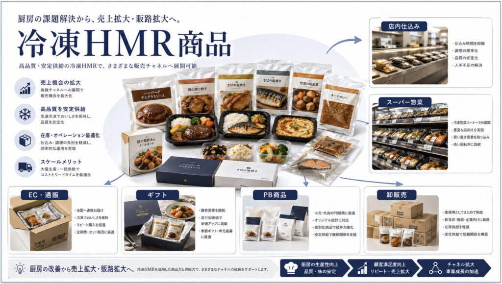 中食・HMR商品を店内仕込み、EC、PB、卸販売へ展開する販路マップ