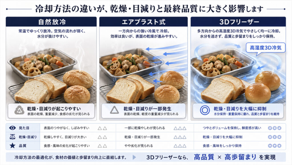 3Dフリーザーで中食・HMR商品の乾燥、ドリップ、衣の飛散、容器ごとの冷却を確認する図解
