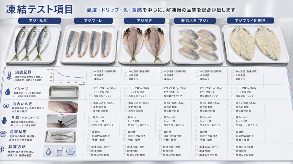 アジの凍結テストで温度、ドリップ、色、食感、包装を確認するチェック項目