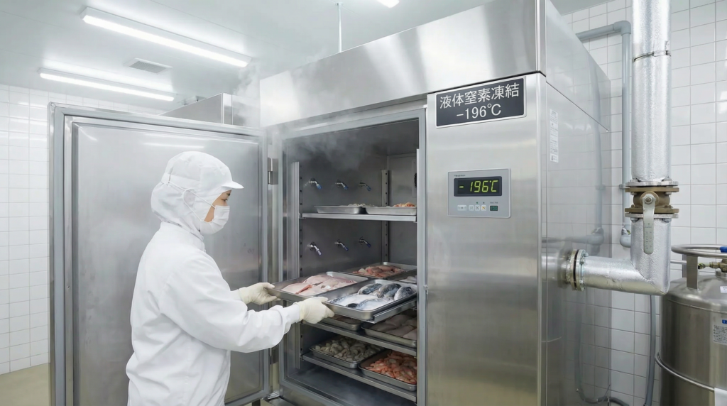 液体窒素（-196℃）を使い、高級食材を瞬間的に凍結させている様子。白い蒸気が立ち上っている。