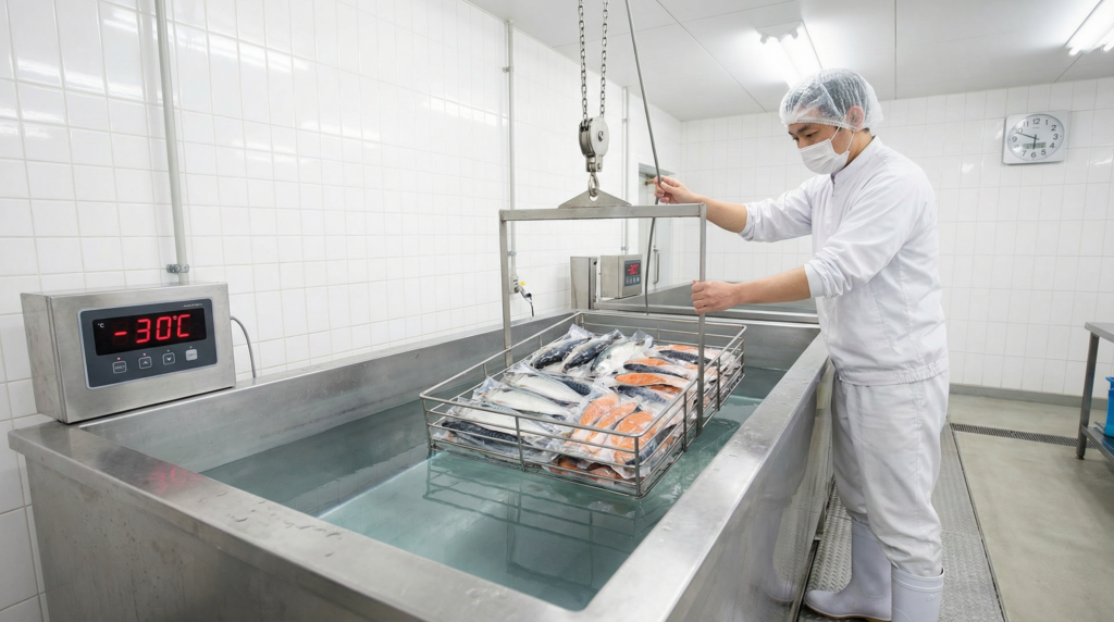 ブライン凍結装置で真空パックされた魚を冷却されたブライン液（-30℃）に浸漬させて急速冷凍している様子。作業者が金属バスケットを操作している。