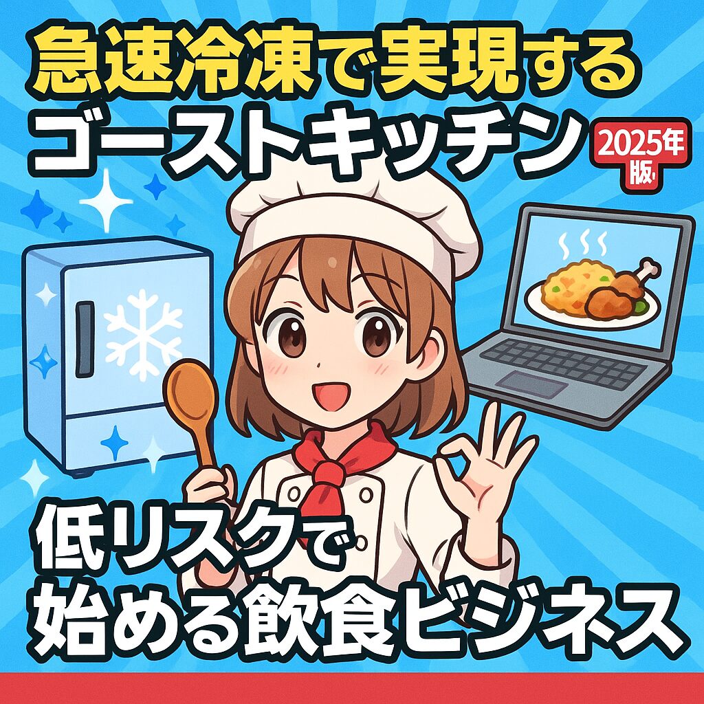 アニメ風の女性シェフが急速冷凍をテーマにしたゴーストキッチンを紹介するサムネイル画像【2025年版】低リスクで始める飲食ビジネス