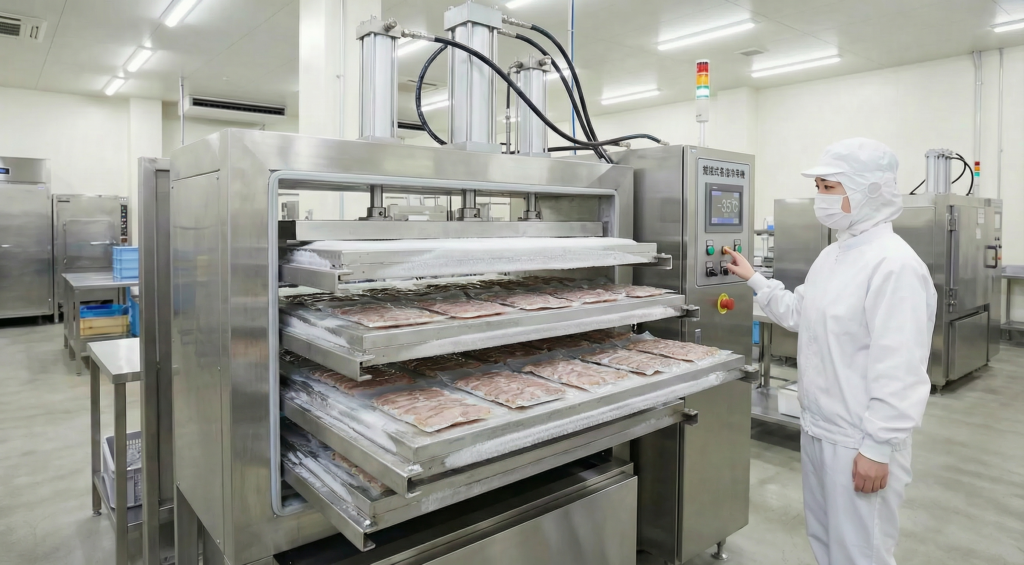 接触式急速冷凍機（コンタクトフリーザー）で魚の切り身やハンバーグパティを冷凍している様子。金属プレートで挟み込んでいる。