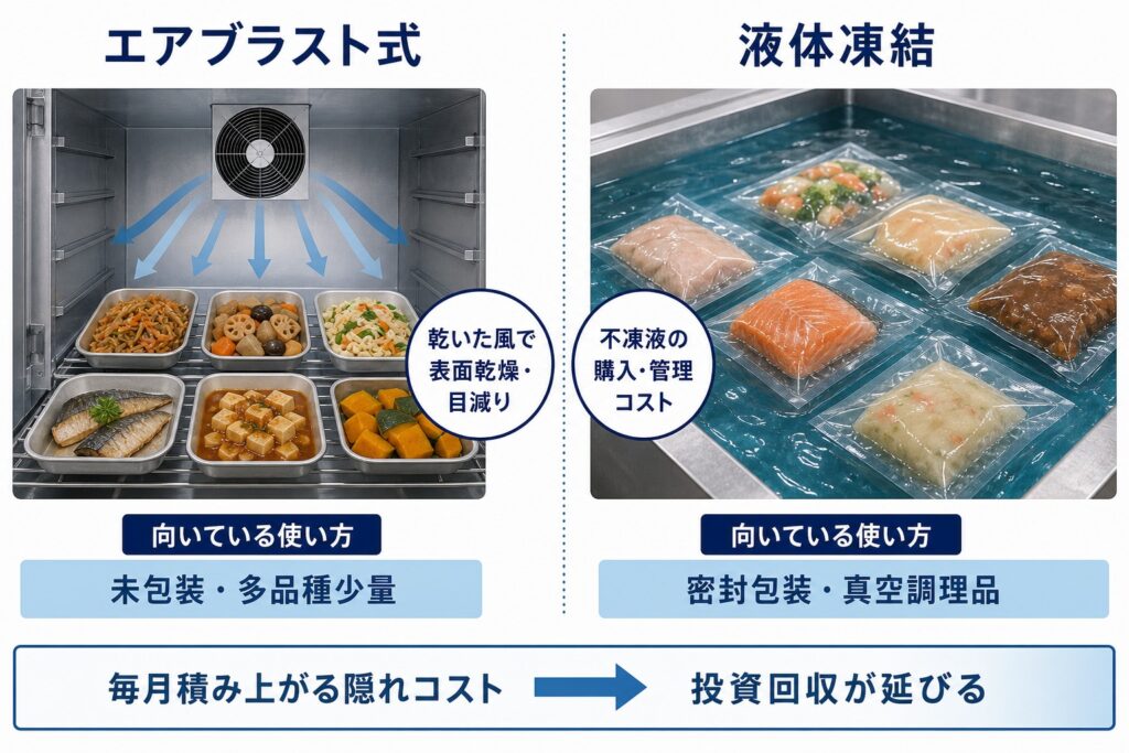 エアブラスト式と液体凍結の向き不向きと毎月積み上がる隠れコスト・投資回収の比較
