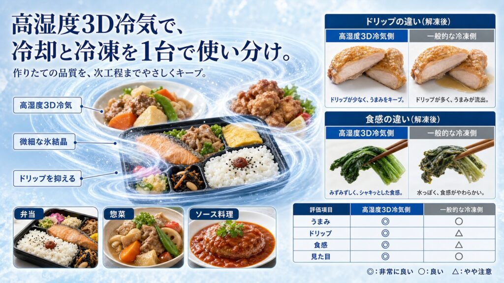 高湿度3D冷気で加熱後食品を均一凍結し急速冷却と急速冷凍を1台で使い分ける仕組み