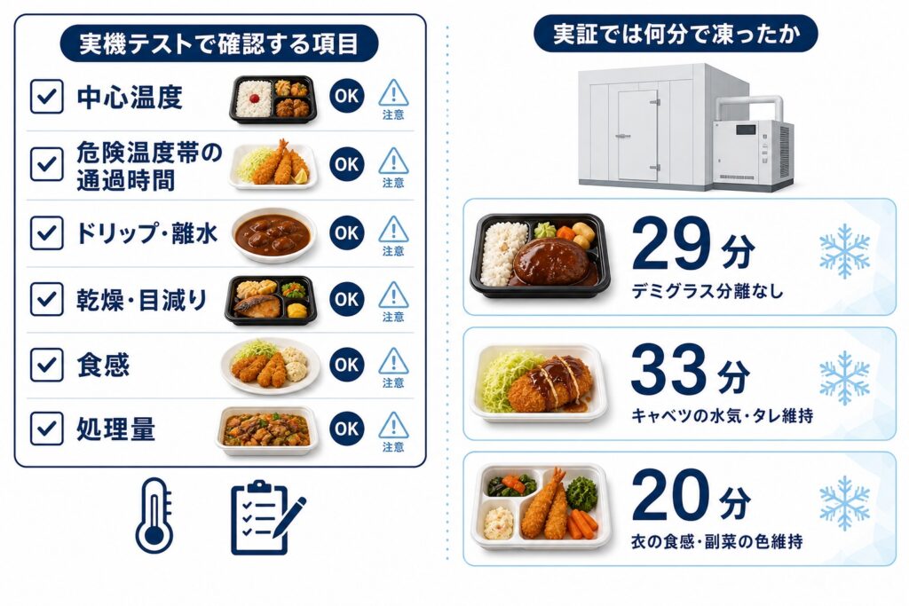 クックフリーズの冷却冷凍テストで確認する項目と実証テストの所要時間の図解