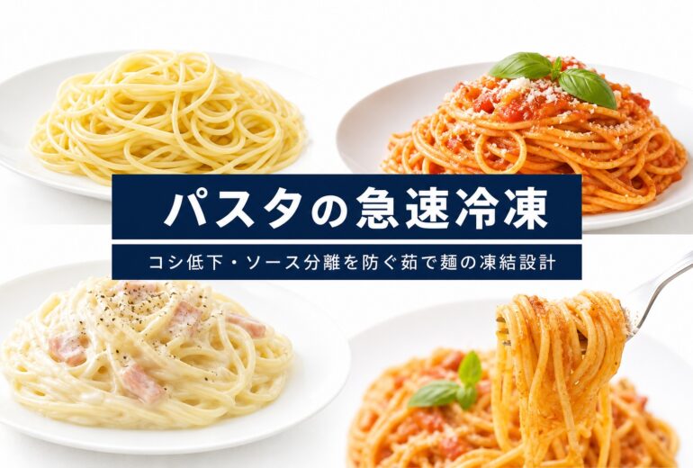 コシ低下やソース分離を防ぐパスタの急速冷凍を示すアイキャッチ