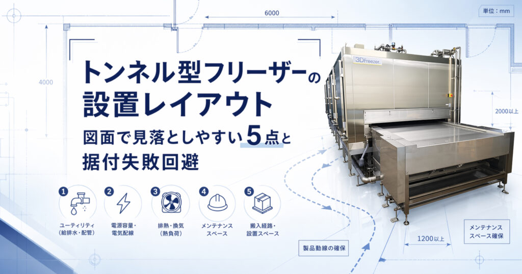 食品工場に据え付けられたトンネル型フリーザーと、前後搬送ラインを含む設置レイアウト図面のイメージ