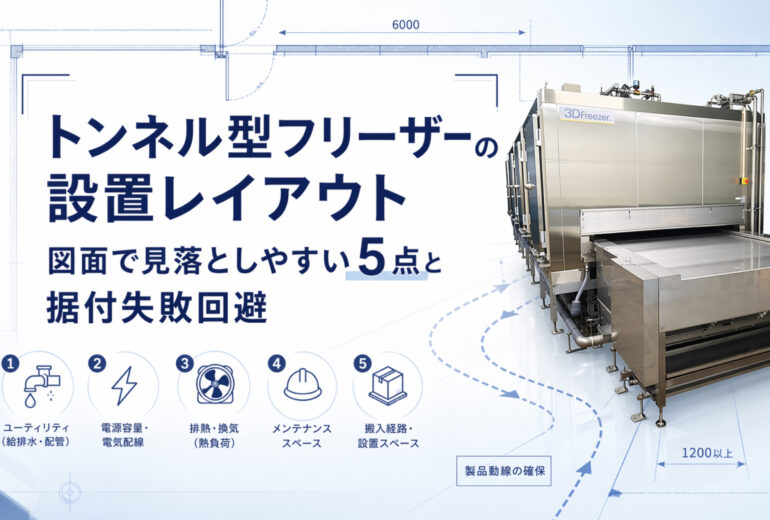 食品工場に据え付けられたトンネル型フリーザーと、前後搬送ラインを含む設置レイアウト図面のイメージ