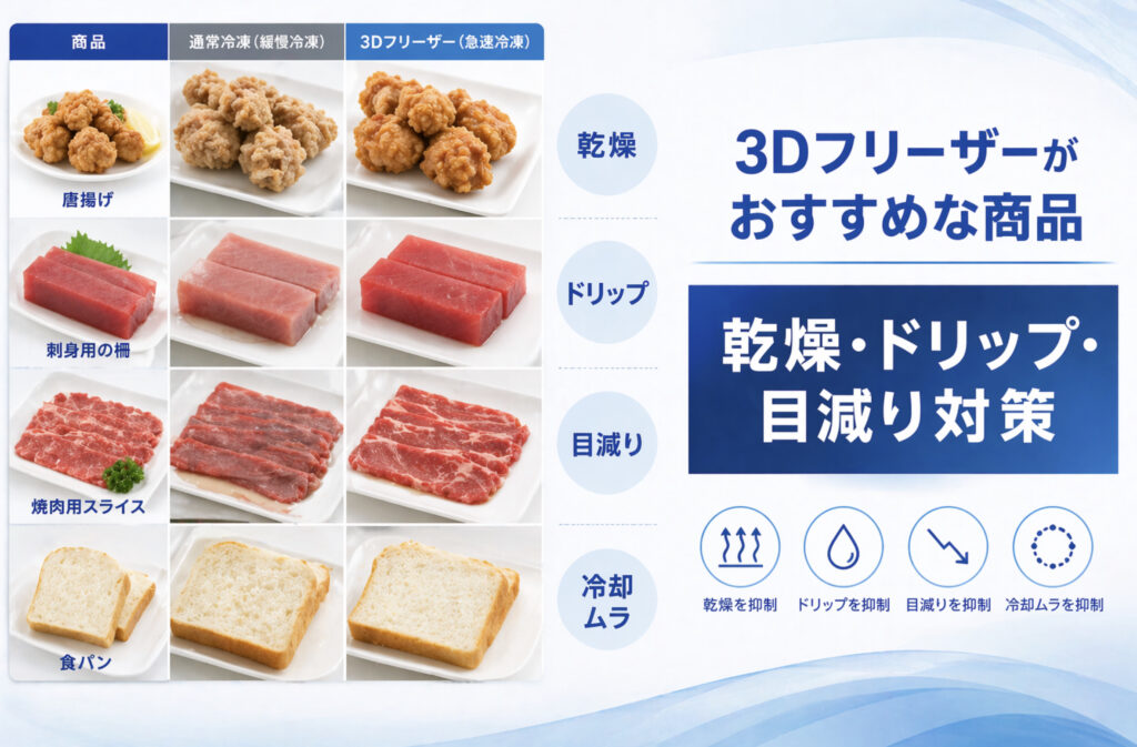 スーパー商品の乾燥やドリップや目減りを抑える3Dフリーザー活用の図解