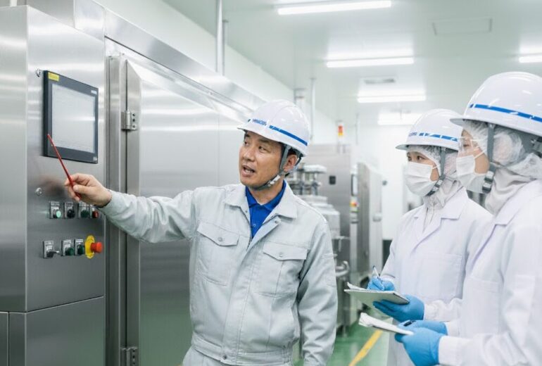 技術者から、トンネル型フリーザーの操作パネルの使い方について熱心に説明を受ける工場の従業員たち