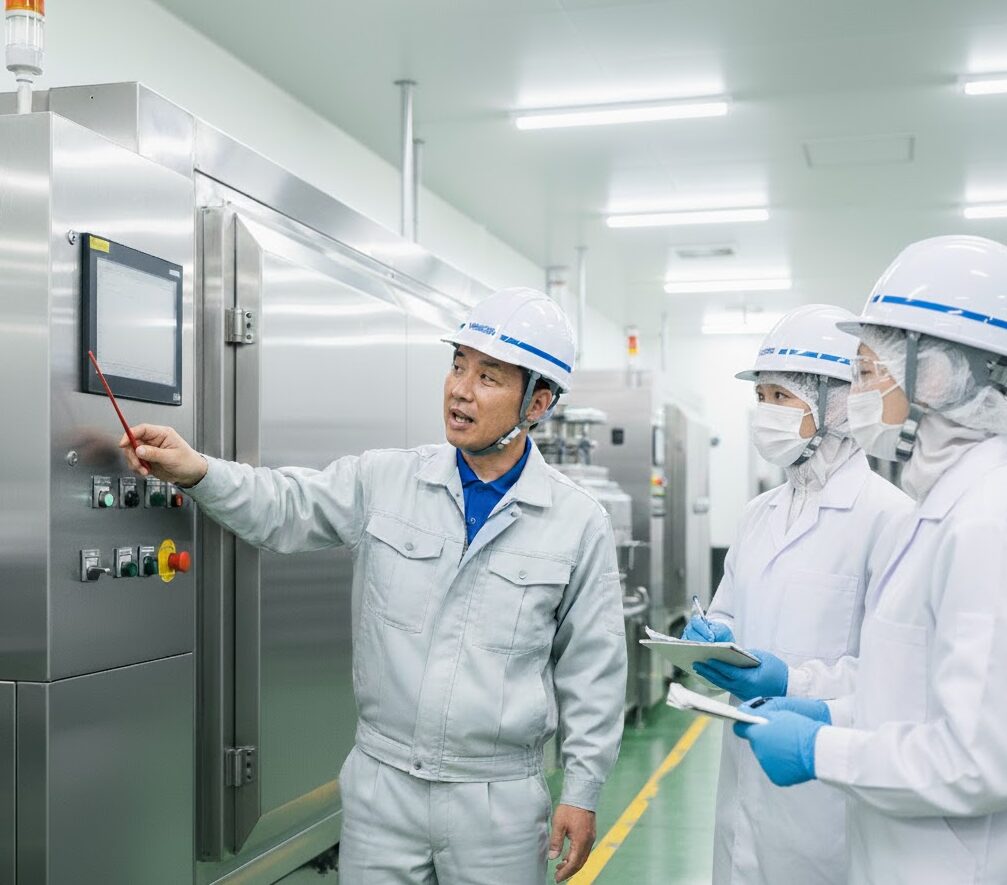 技術者から、トンネル型フリーザーの操作パネルの使い方について熱心に説明を受ける工場の従業員たち